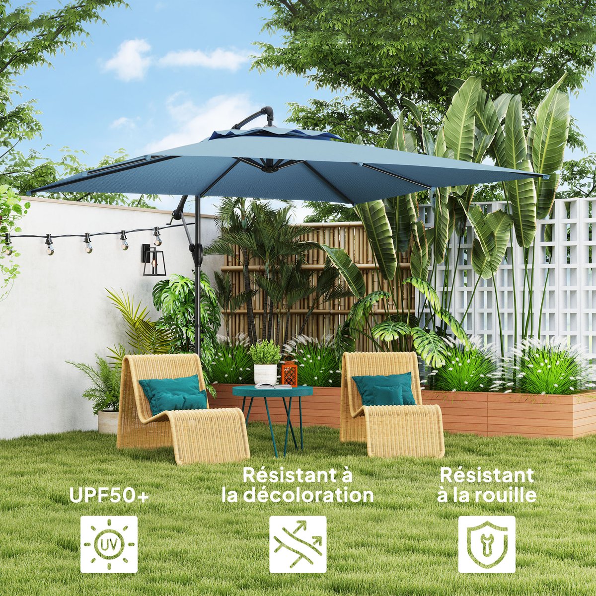 Parasol de terrasse à pied déporté Polyester bleu, OUTSUNNY