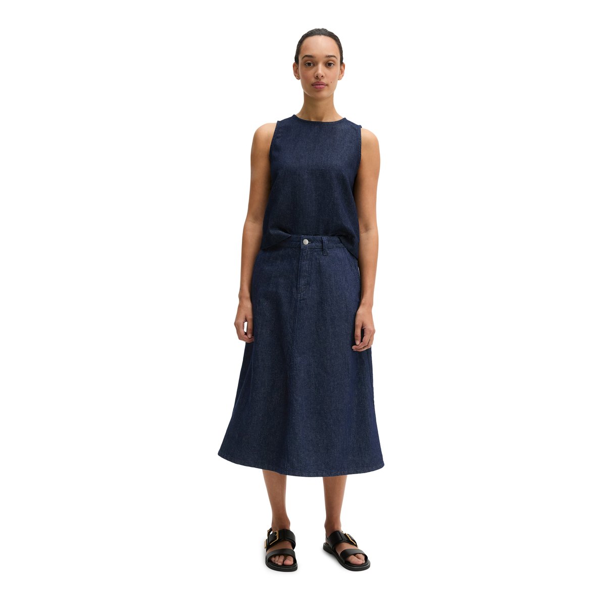 Jupe en jean évasée en mélange coton organique/lin bleu foncé, MARC O'POLO