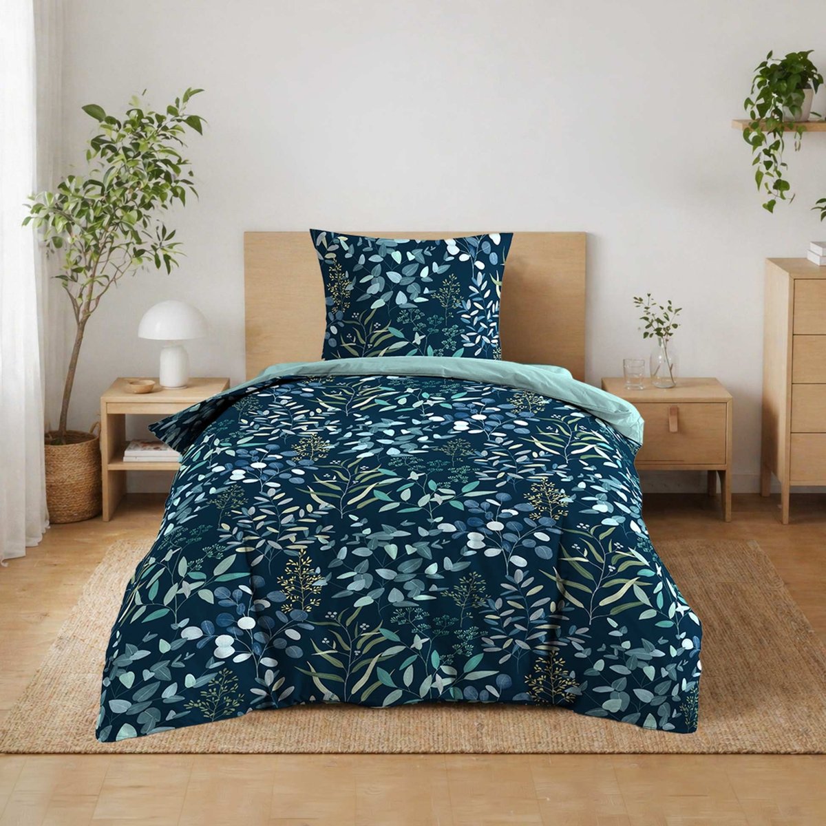 Parure de lit 2 pièces 100 % coton imprimé à motif végétal housse + taie bleu, DOUCEUR D'INTÉRIEUR