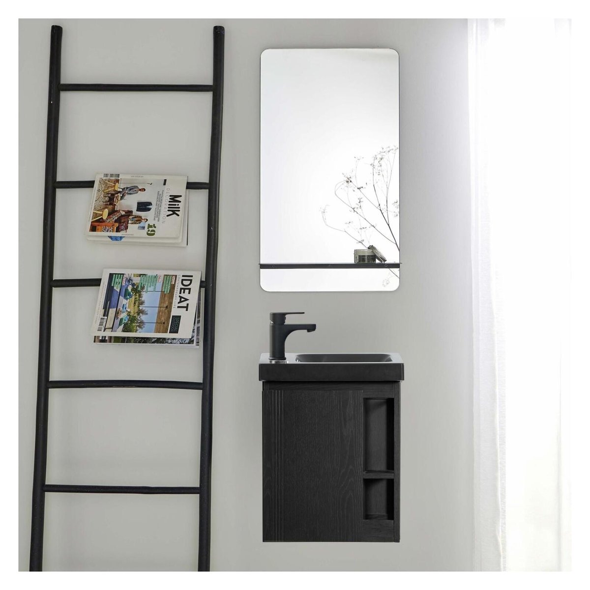Ensemble lave-mains avec rangement latéral et miroir tablette noire HAMPTON décor chêne carbone, MOB IN
