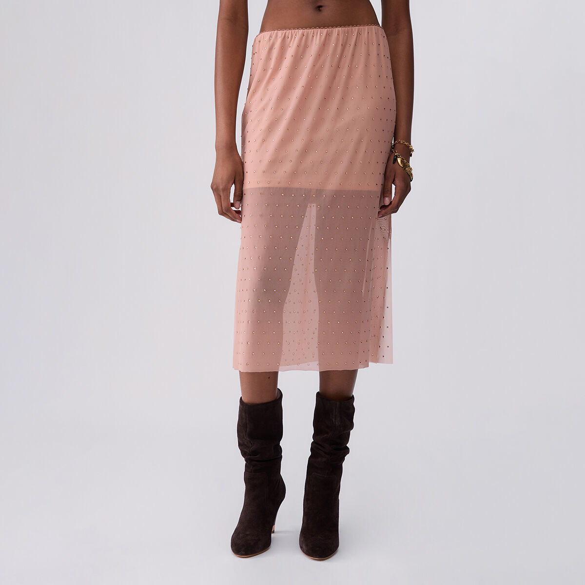 Jupe midi en tulle brodé chair, LIU JO