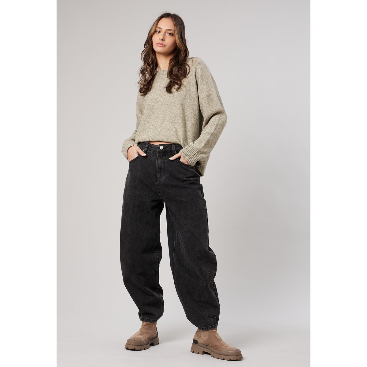 Jean noir barrel femme en 100% coton SUNNY grey used, DEELUXE