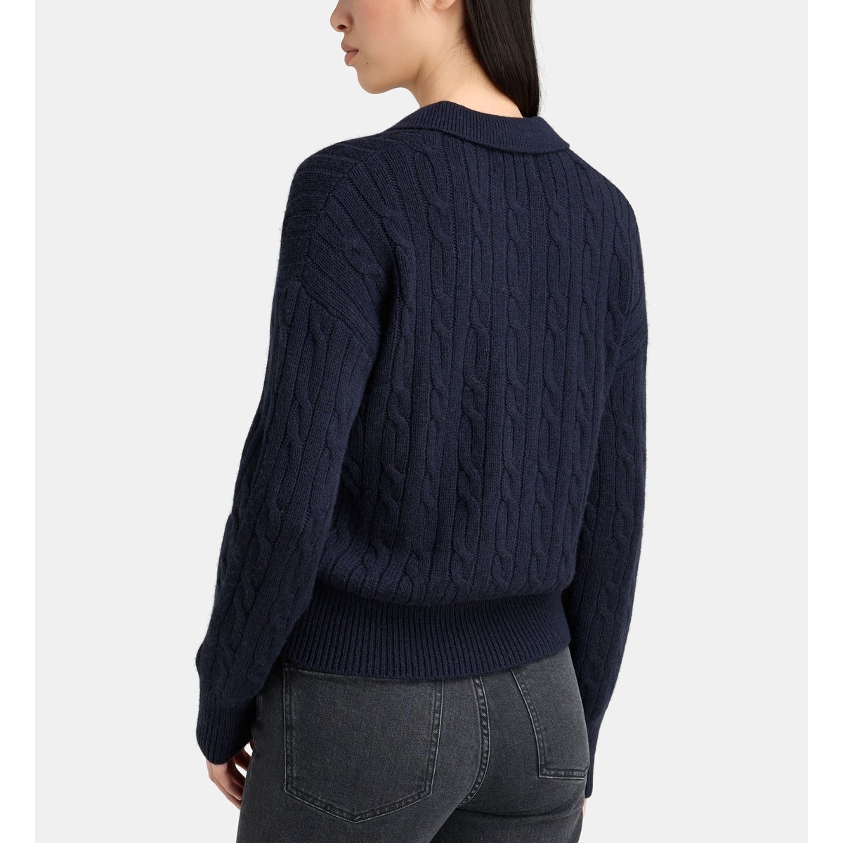 Pull droit col polo orwell torsades et boutons coton et laine bleu marine, JODHPUR