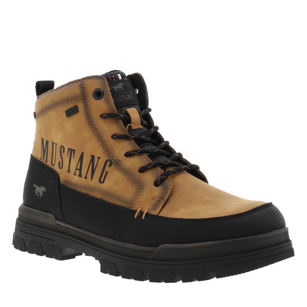 Bottines camel à talon décroché bas pourvues de lacets et d'un zip latéral brun, MUSTANG