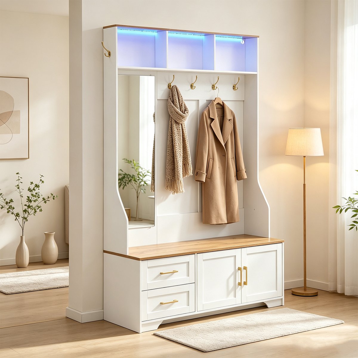 Vestiaire d'entrée avec miroir banc et rangement, PORTER-G hêtre, MEUBLES COSY
