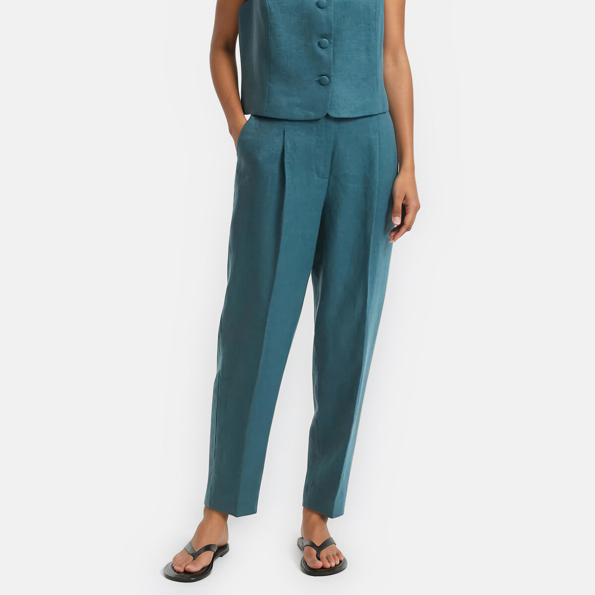 Linen Pleat Front Cigarette Trousers emerald green, LA REDOUTE COLLECTIONS
