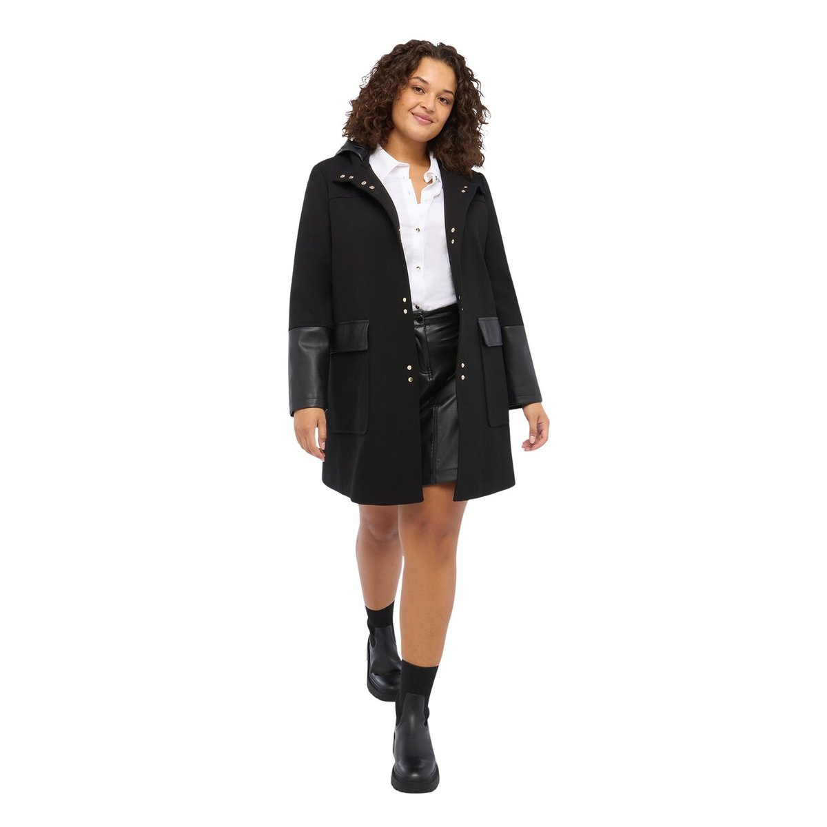Manteau avec détails en tissu brillant noir, FIORELLA RUBINO