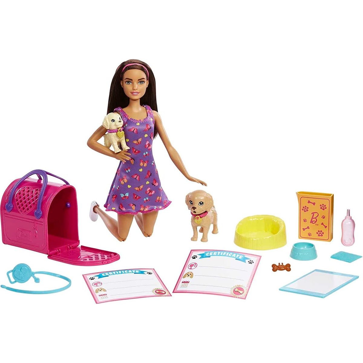 Set de jeu d'adoption de chiots avec poupée brunette multicolore, MATTEL