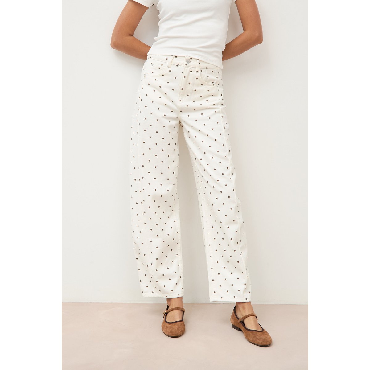 Jeans barrel taille haute bas resserré ecru, BONOBO