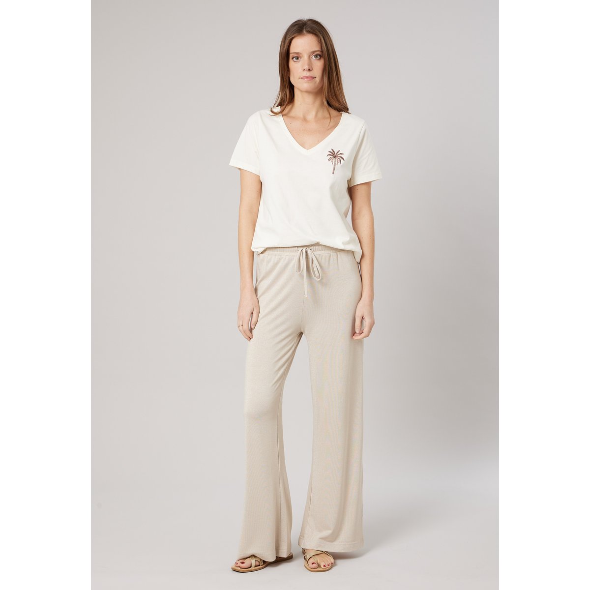 Pantalon large femme en jersey fil textile MICHKA beige, DEELUXE