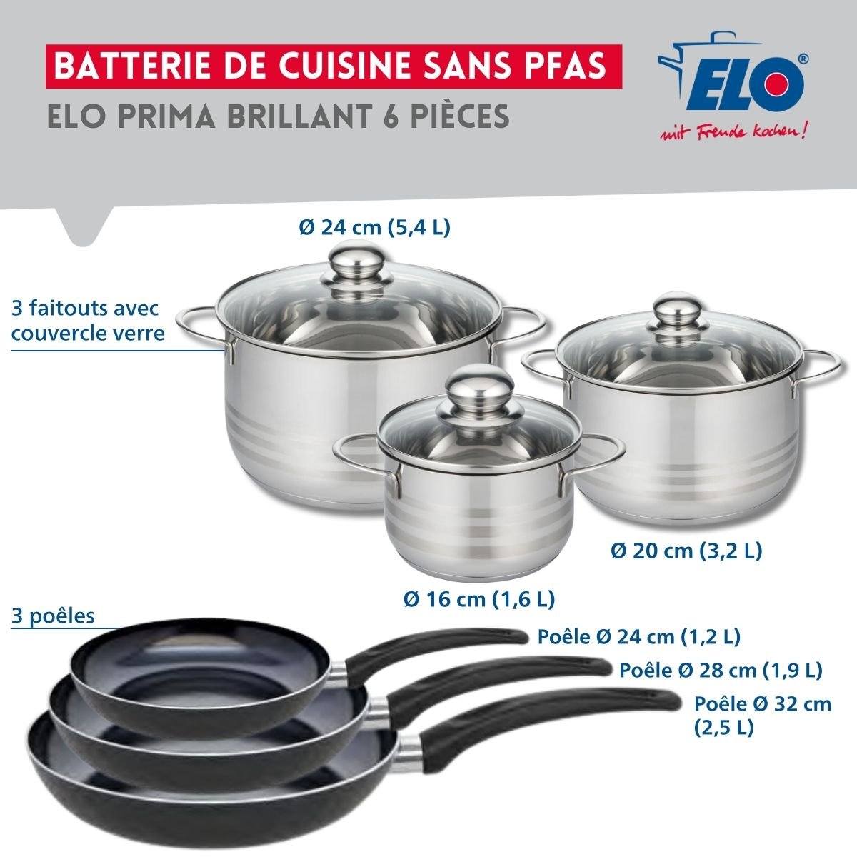 3 poêles 24/28/32cm + 3 faitouts 16/20/24cm PRIMA BRILLANT noir, ELO