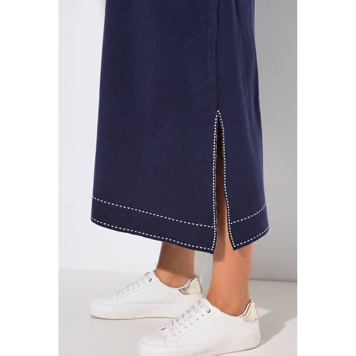 Robe maxi en maille, col chemise marine, ULLA POPKEN