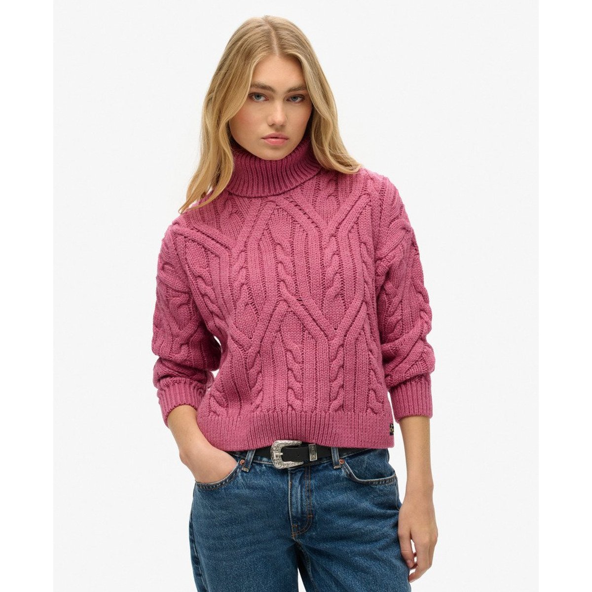Pull polo en maille torsadée torsade rose papaye, SUPERDRY