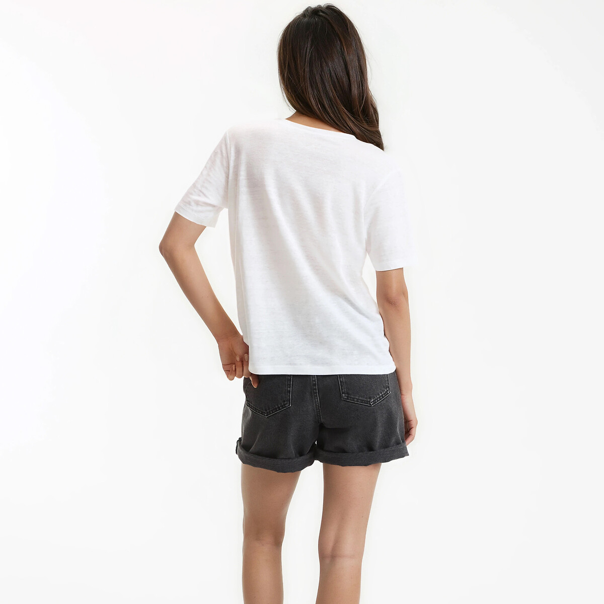 T-shirt en lin col rond manches courtes blanc, LA REDOUTE COLLECTIONS