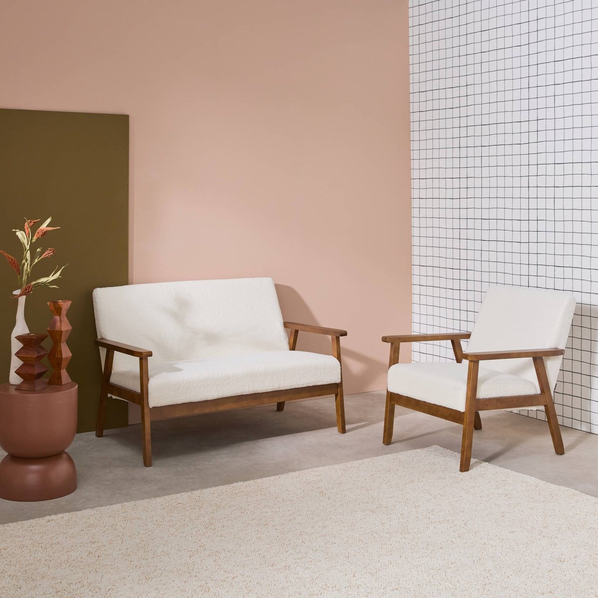 Banquette 2 places + fauteuil 1 place bois d'hévéa teinté noyer clair et bouclette ISAK crème, SWEEEK