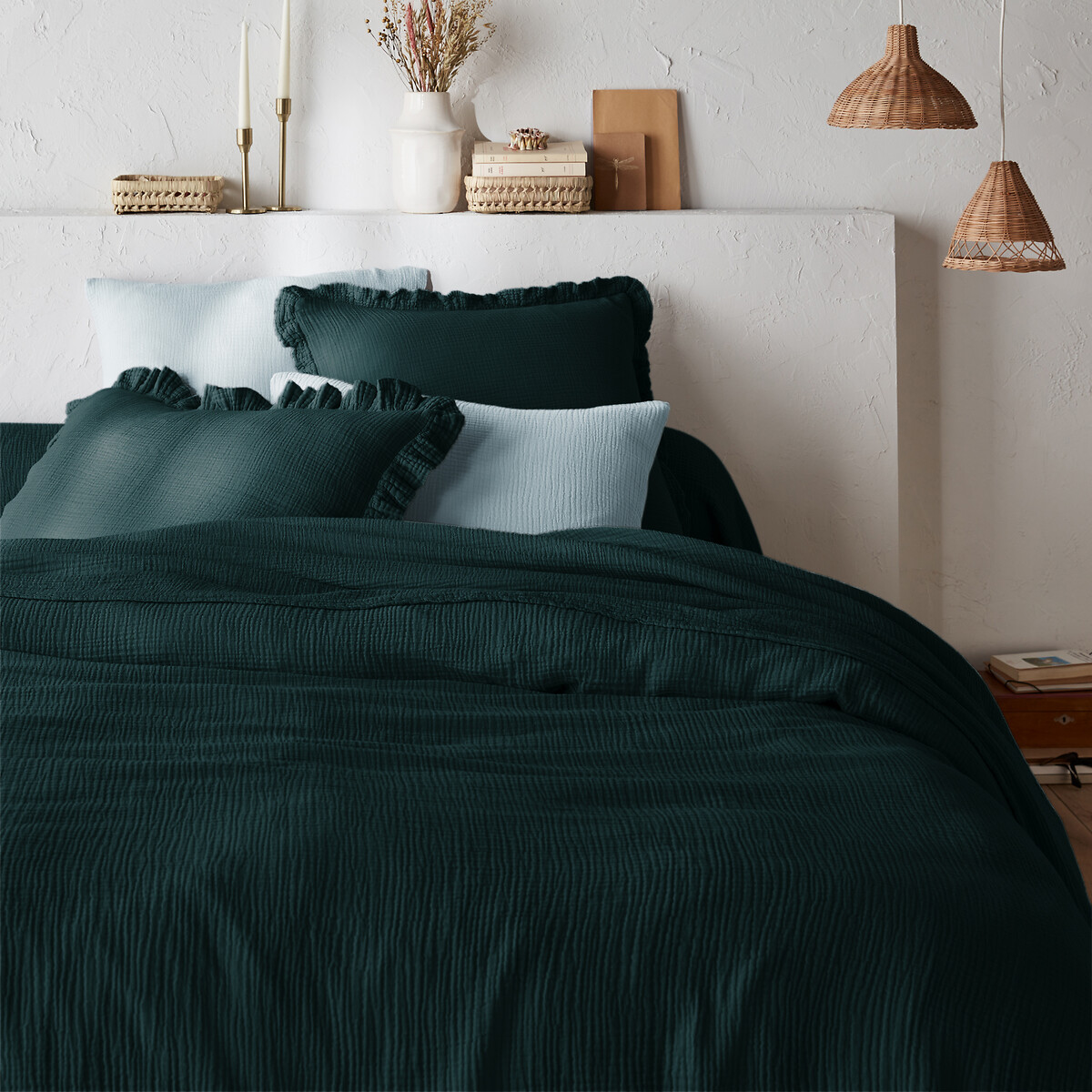 Kumla Plain Cotton Muslin Pillowcase dark green, LA REDOUTE INTERIEURS
