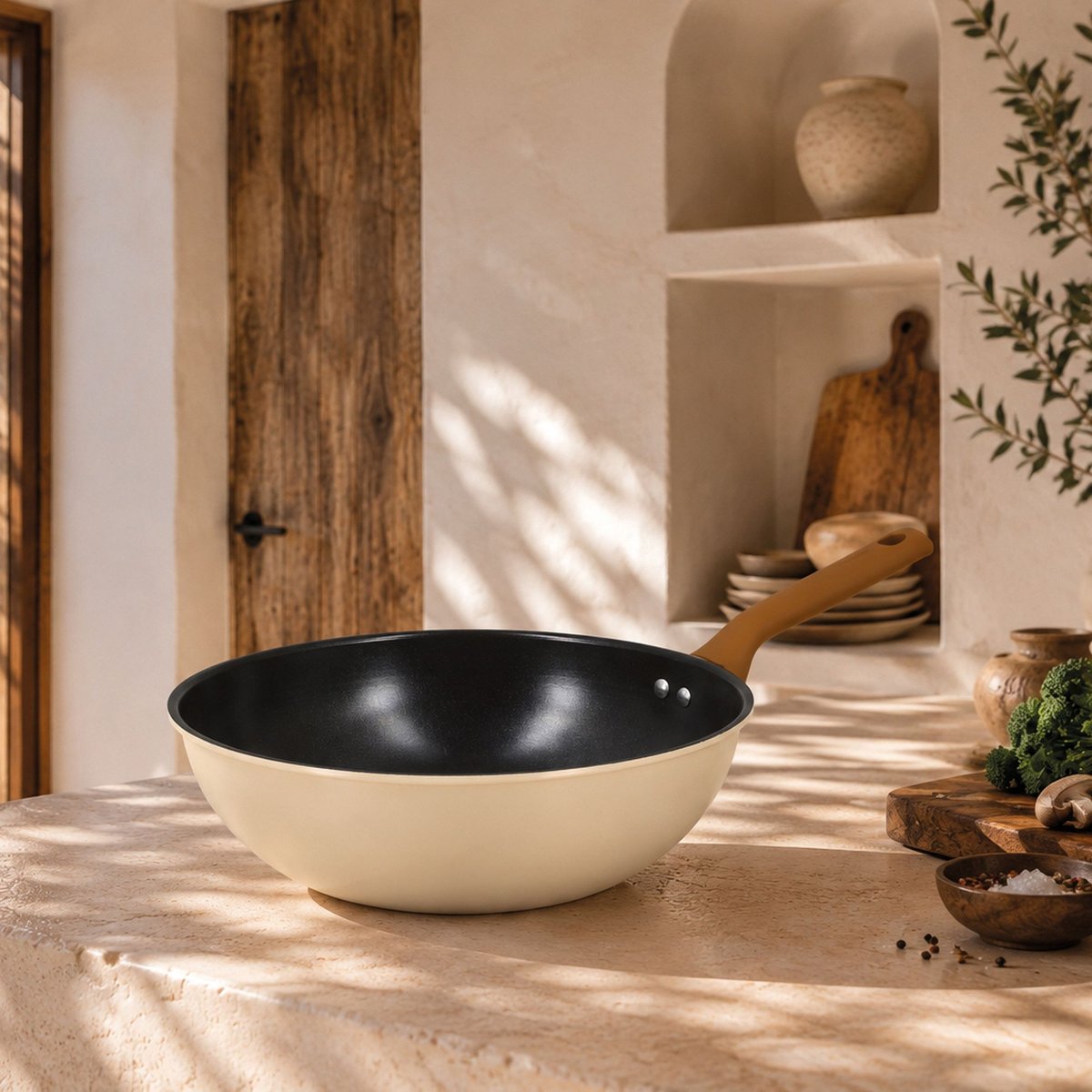 Wok 28cm en acier carbone, PRATICOOK beige, MENASTYL