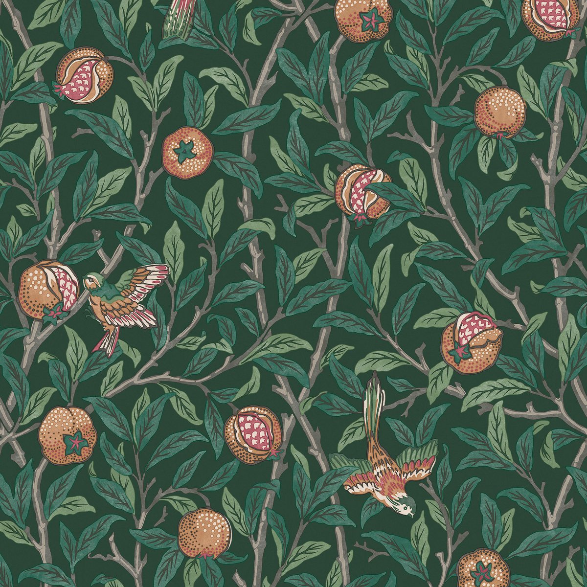 Papier peint Oiseaux et fleurs de grenadier du printemps vert, corail, WILLIAM MORRIS AT HOME