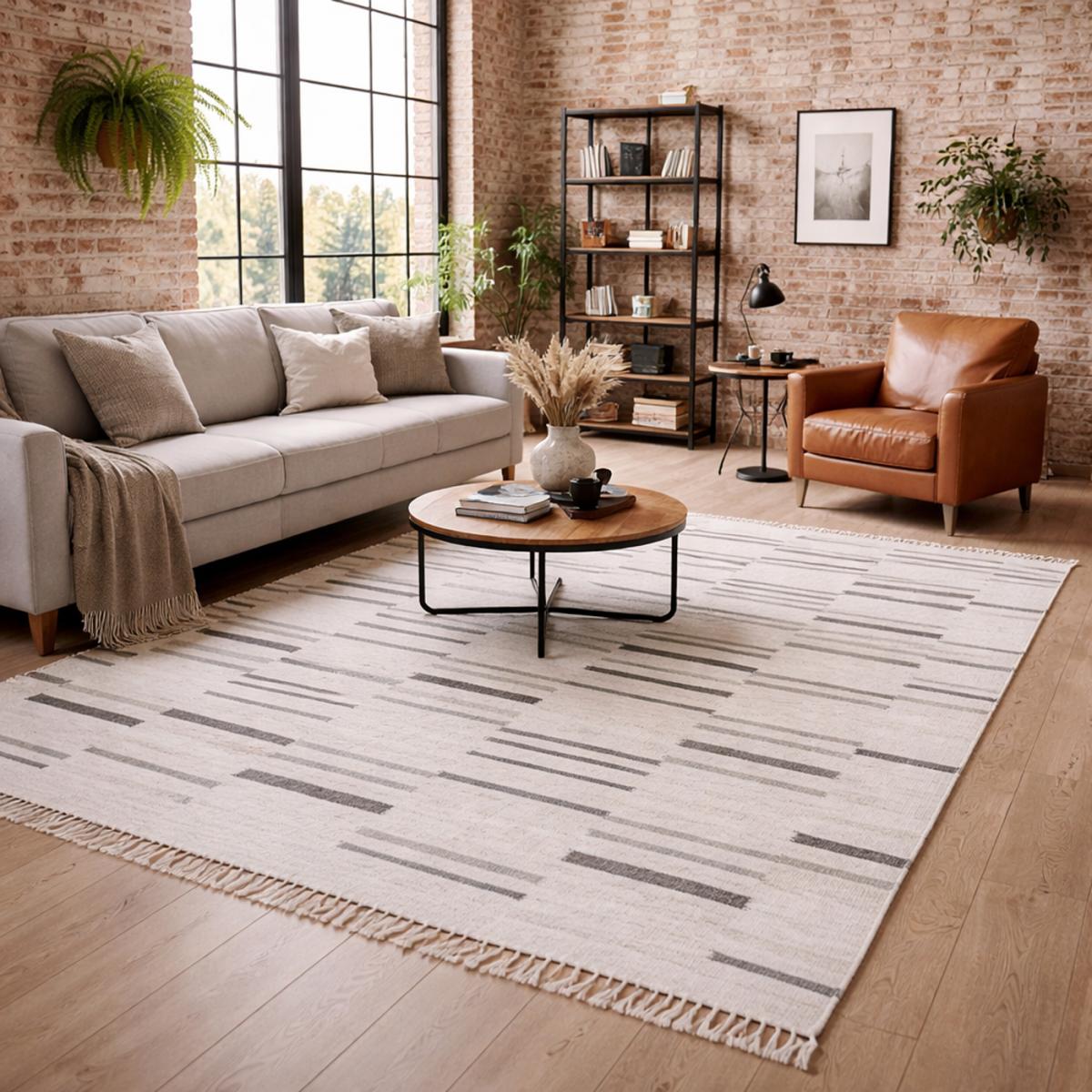 Tapis kilim FOPTAN, fait à la main en laine motif géométrique gris, marron, UN AMOUR DE TAPIS