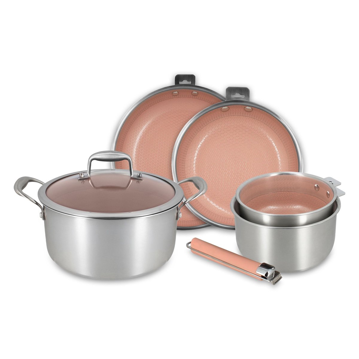Batterie de cuisine 5 pièces en acier inoxydable avec 1 poignée, AGLAE inox-rose, MENASTYL