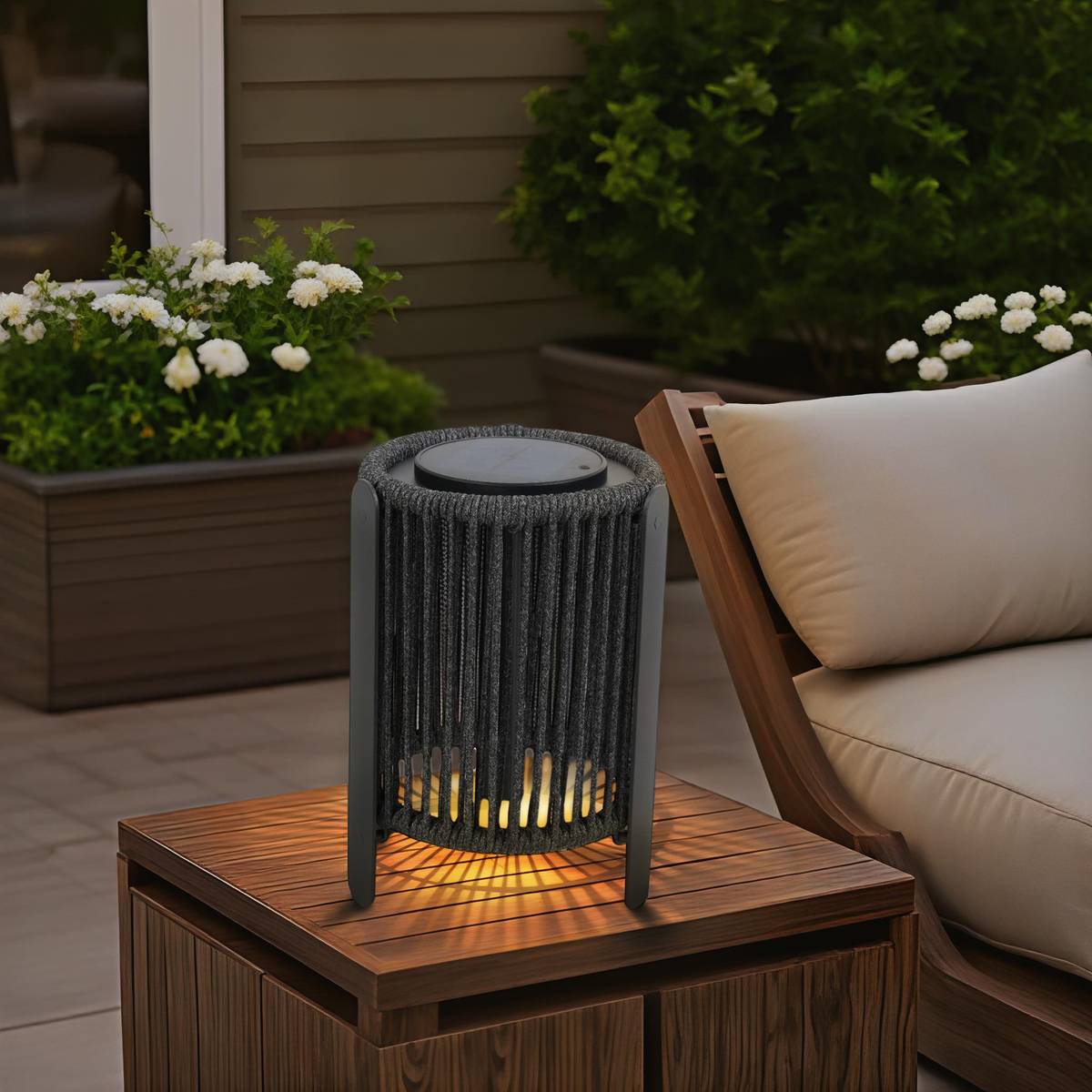 Lampe solaire à poser en corde tressée LINY gris graphite, HESPERIDE