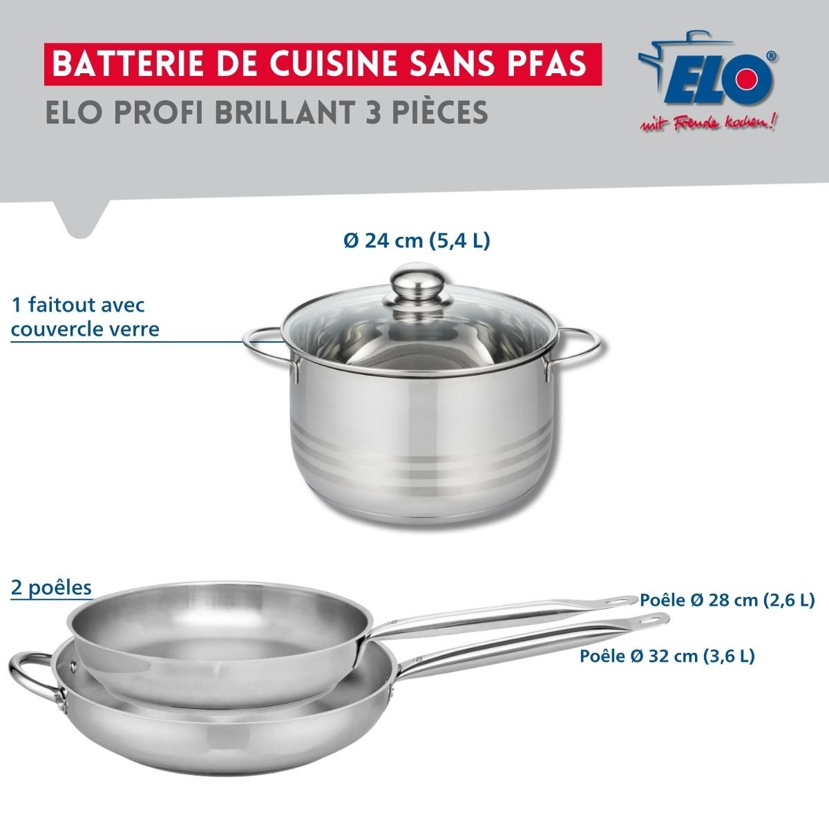 Batterie 2 poêles 28/32cm + 1 faitout 24cm PROFI BRILLANT inox, ELO