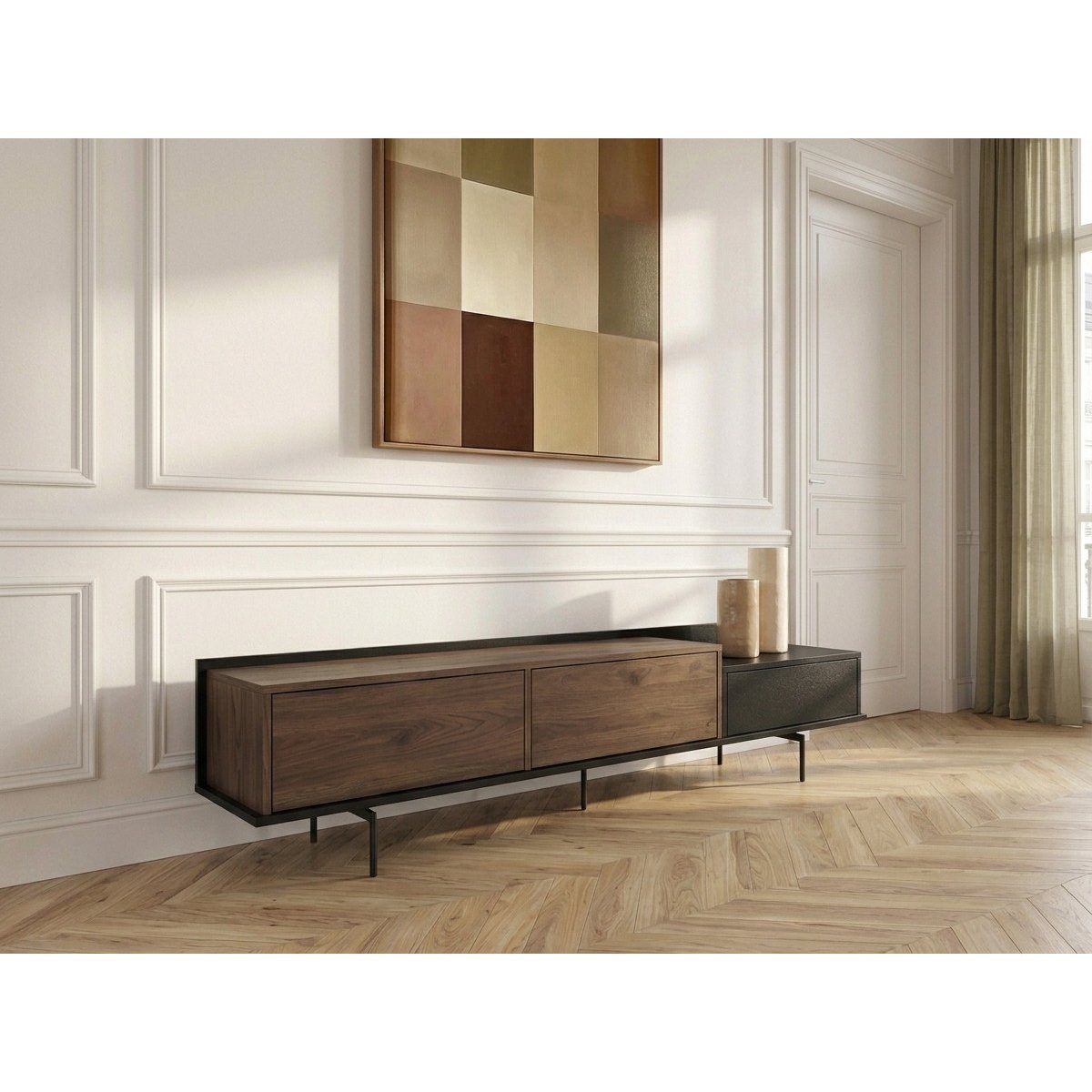 Meuble TV 200 cm , FREDA noir et noyer, BOBOCHIC