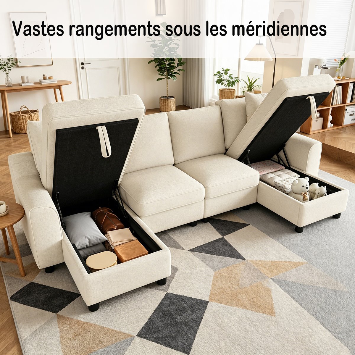 Canapé d'angle U coffre de rangement en chenille, VASEC beige, MEUBLES COSY