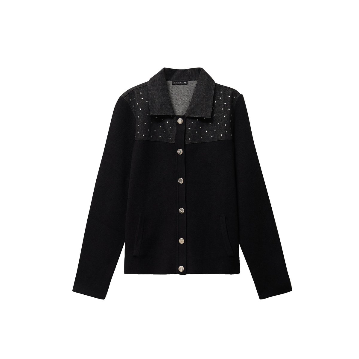 Gilet col rond manches longues strass noir, BREAL