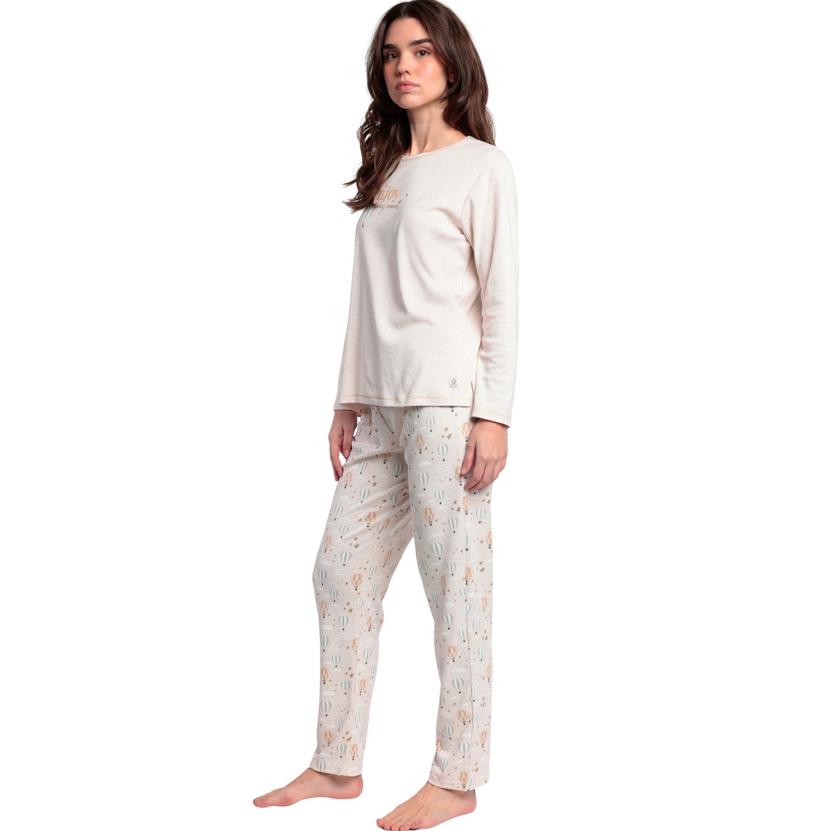 Pyjama pantalon top manches longues Enjoy Every Moment beige, ADMAS