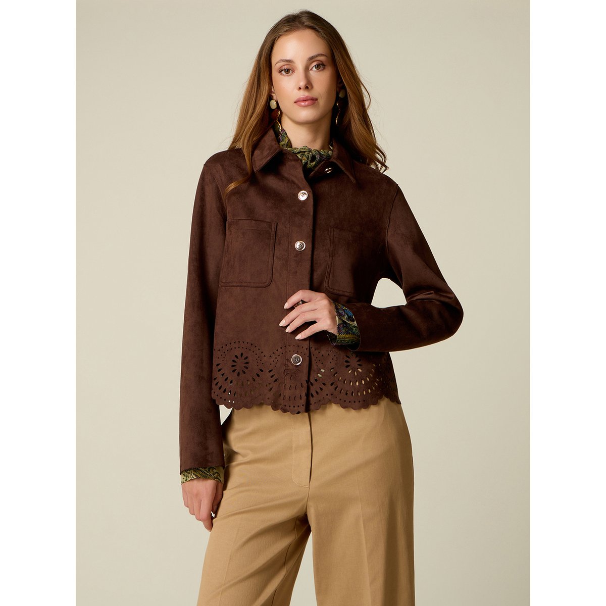 Veste avec finition ajourée marron, OLTRE