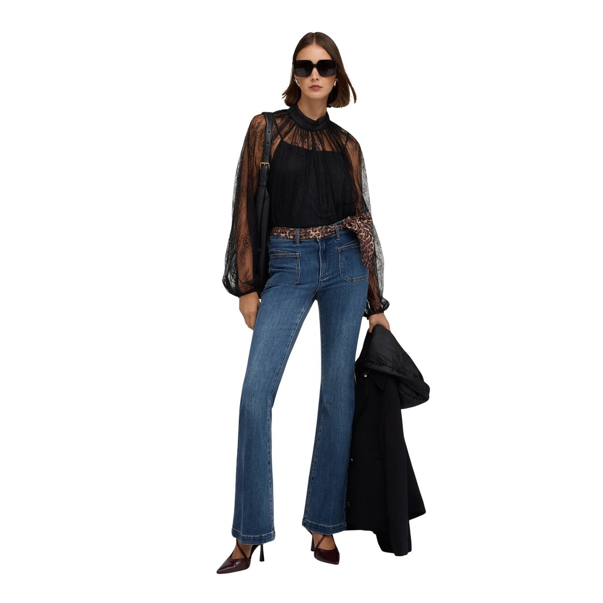 Jean flare taille haute avec ceinture léopard. bleu, MOTIVI