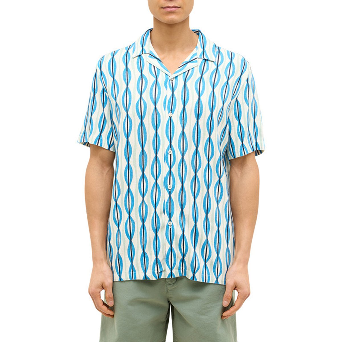 Chemise manches courtes bleue à motifs géométriques et à col cubain bleue, MUSTANG