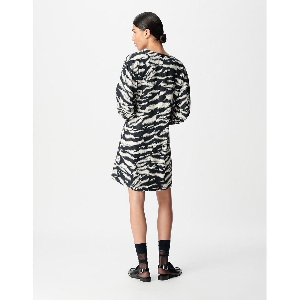 Robe droite col V manches longues imprimé zèbre noir, IKKS