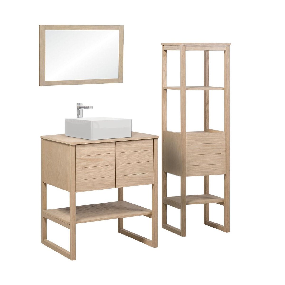 Meuble 70cm chêne colonne vasque carrée robinet miroir ATOLL v002233, MOB IN
