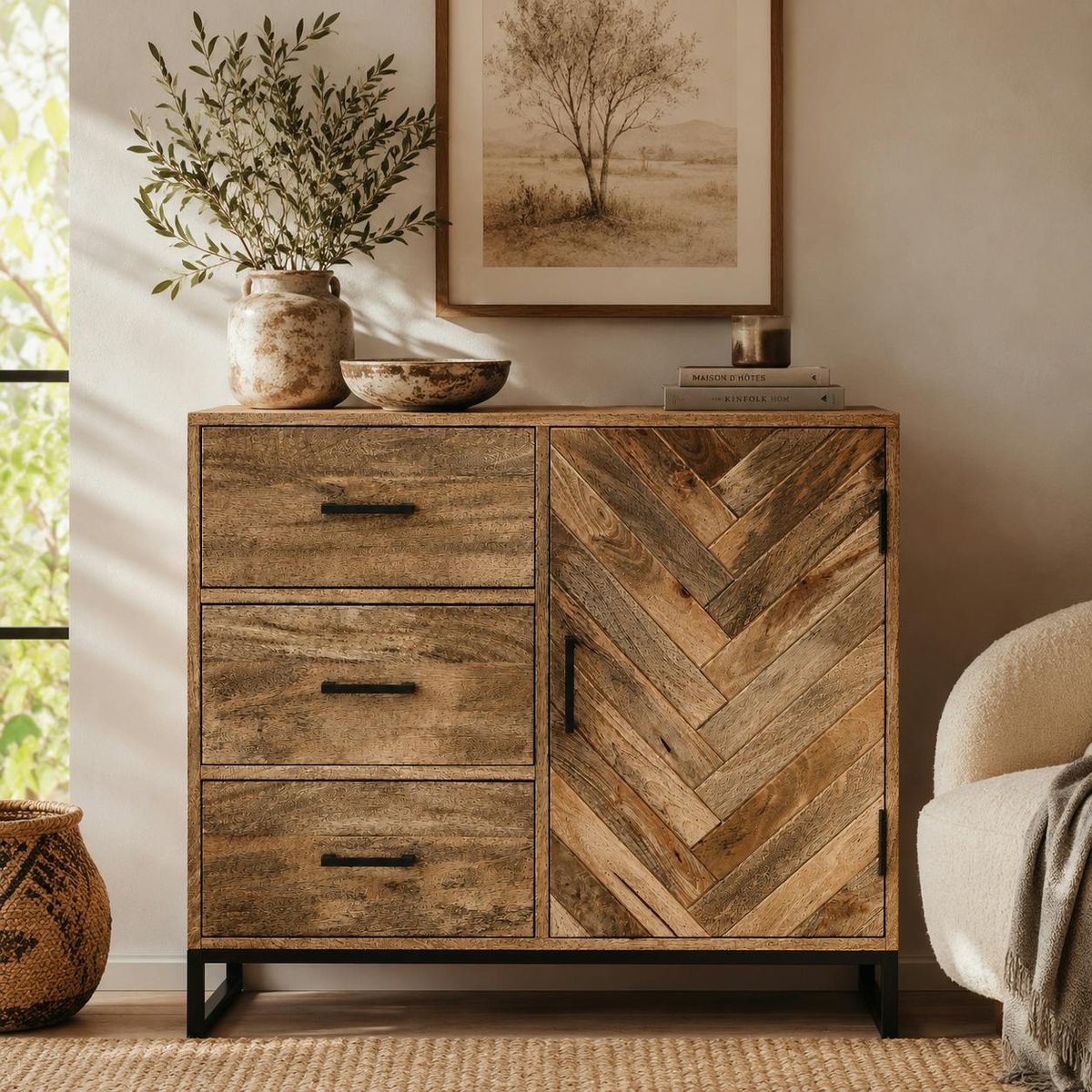 Petit buffet bois de manguier 1 porte 3 tiroirs BRIX bois naturel, PIER IMPORT
