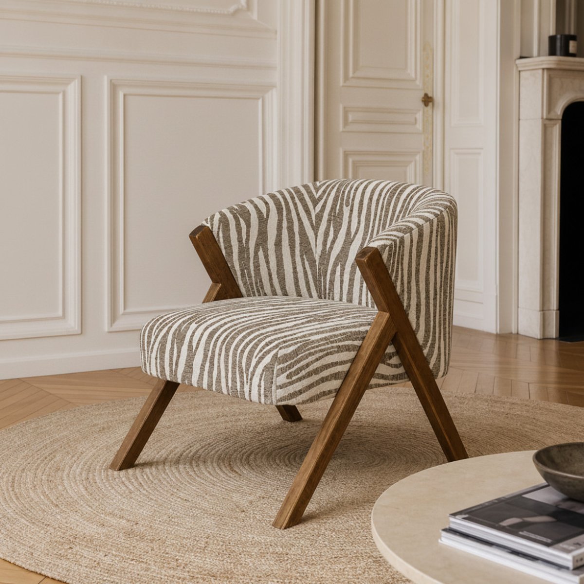 Fauteuil imprimé zèbre pieds bois foncé- MALOU beige, DRAWER