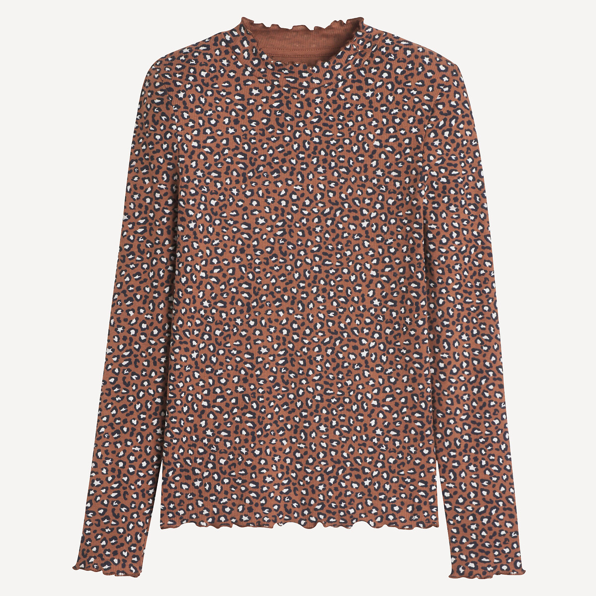 Leopard Print Cotton T-Shirt with Long Sleeves brown print, LA REDOUTE COLLECTIONS