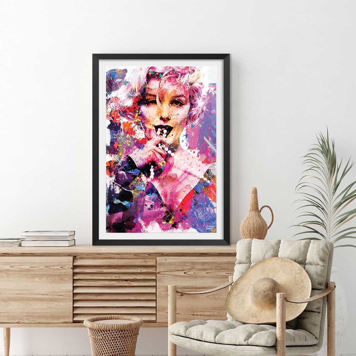Affiche illustration graffiti marilyn affiche + cadre en bois - noir, HEXOA