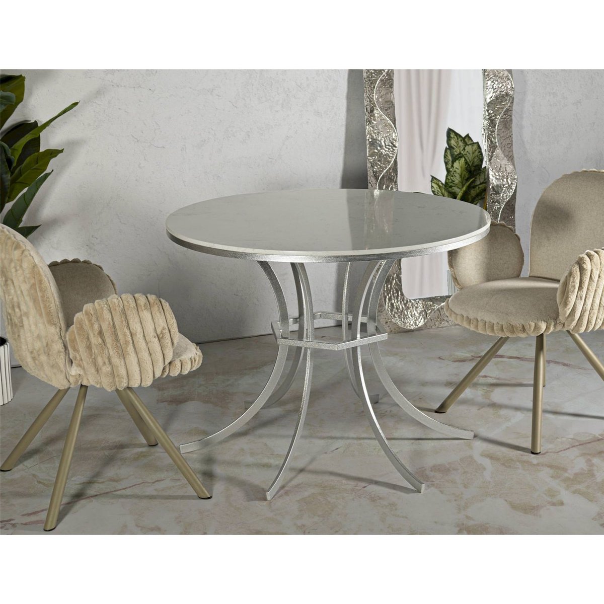 Table à manger ronde plateau effet marbre GLAM argenté et blanc effet marbre, RECOLLECTION