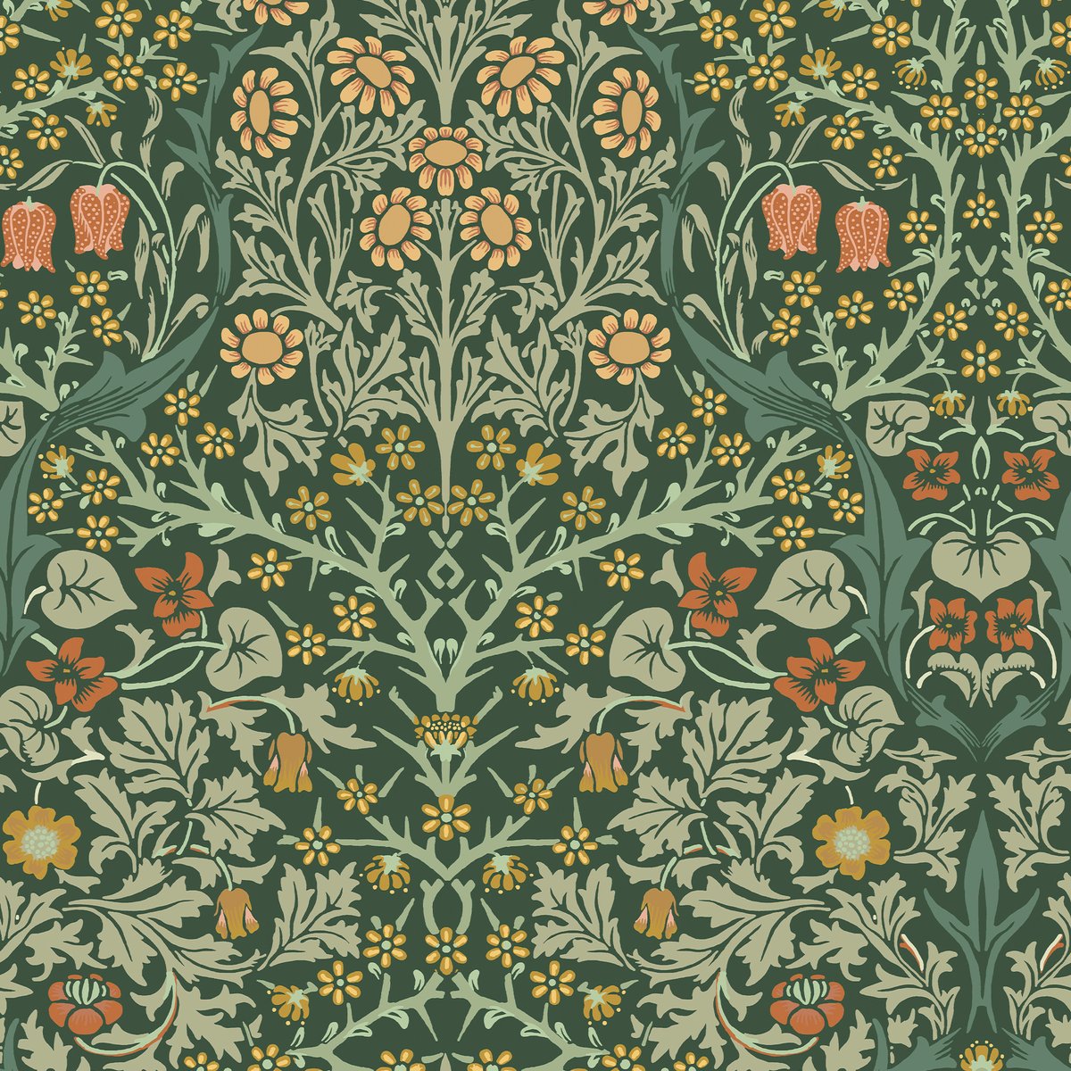 Papier peint Fleurs de prunellier au printemps vert, ocre, corail, WILLIAM MORRIS AT HOME