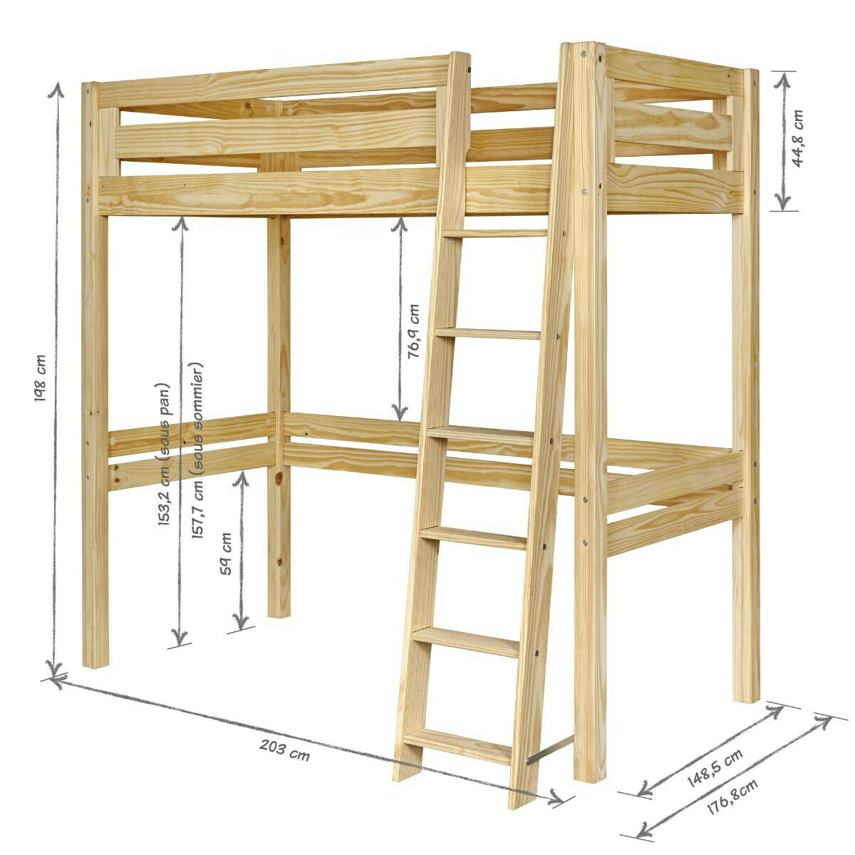 Lit mezzanine 2 places Bois massif  ORSAI bois naturel, AKITEN RETAIL