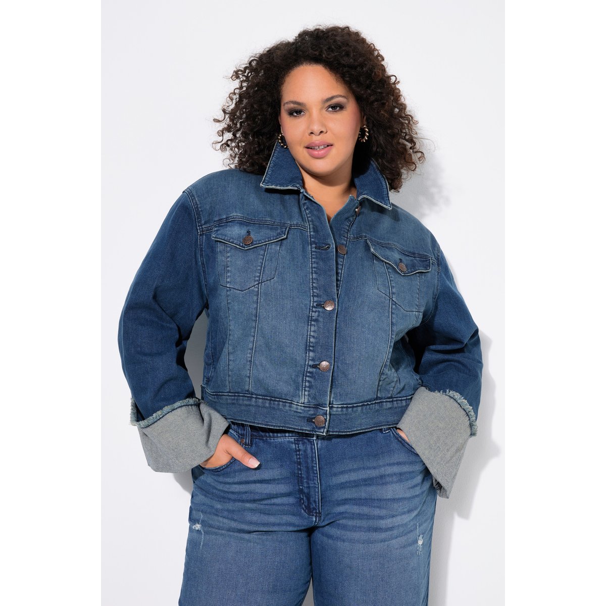 Veste en jean, franges et col chemise bleu jean, ULLA POPKEN