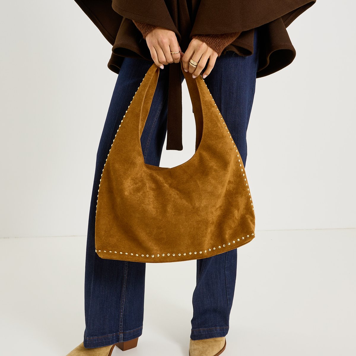 Grand sac porté épaule avec clous marron camel, GRAIN DE MALICE