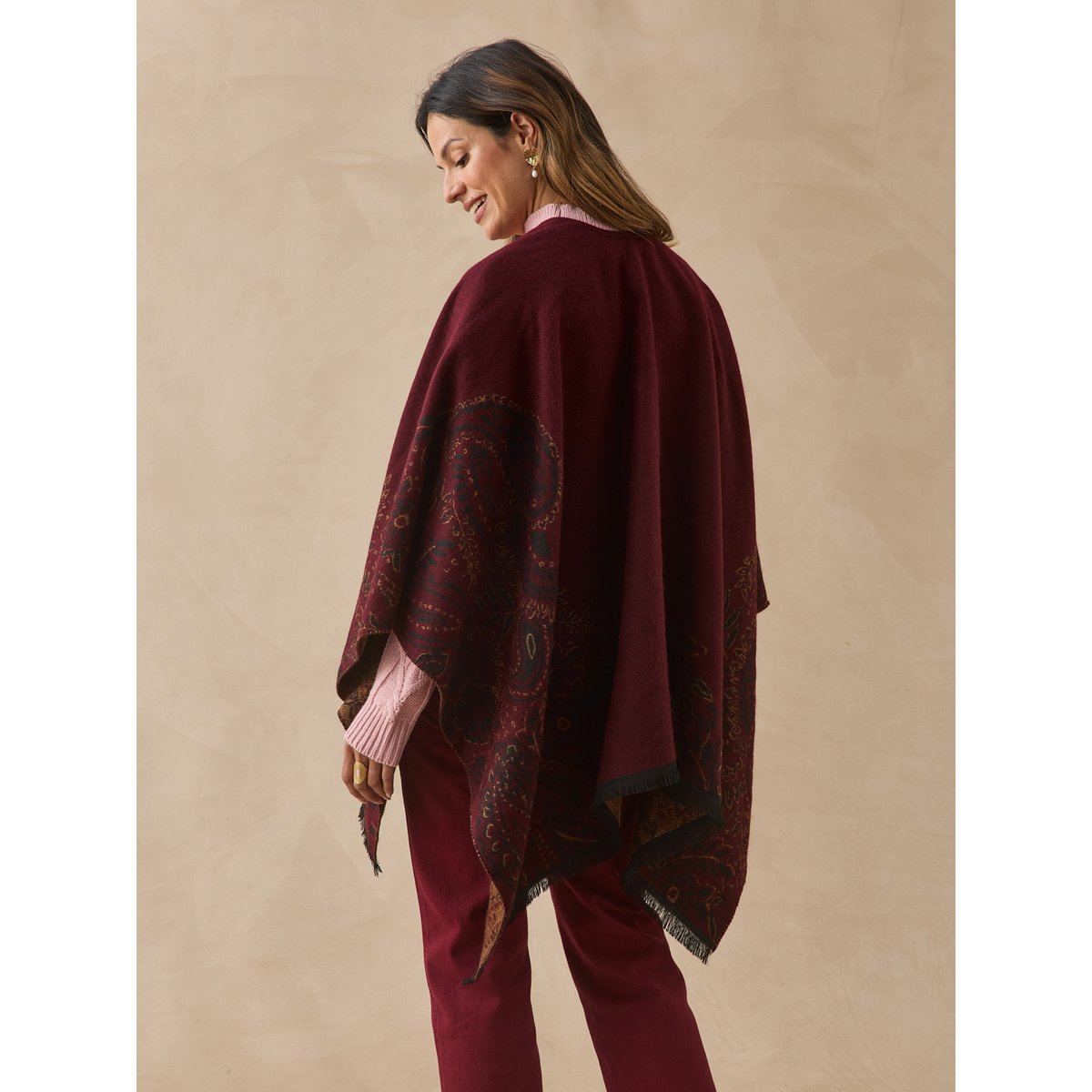 Poncho jacquard à franges bordeaux, DAXON