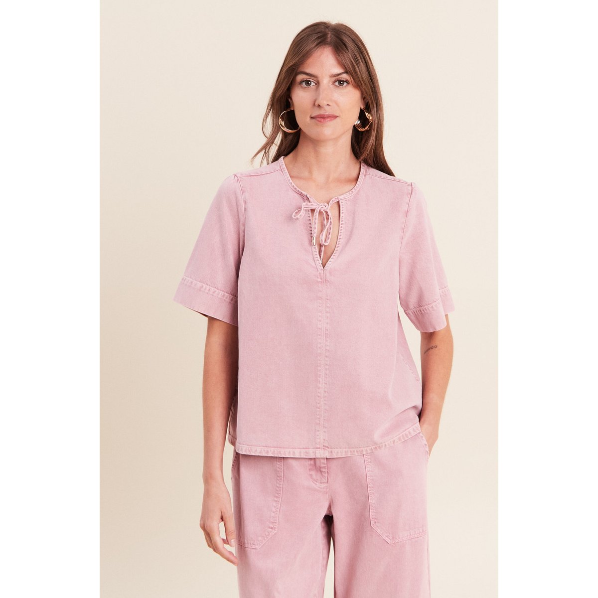 Blouse col v manches courtes rose, BREAL