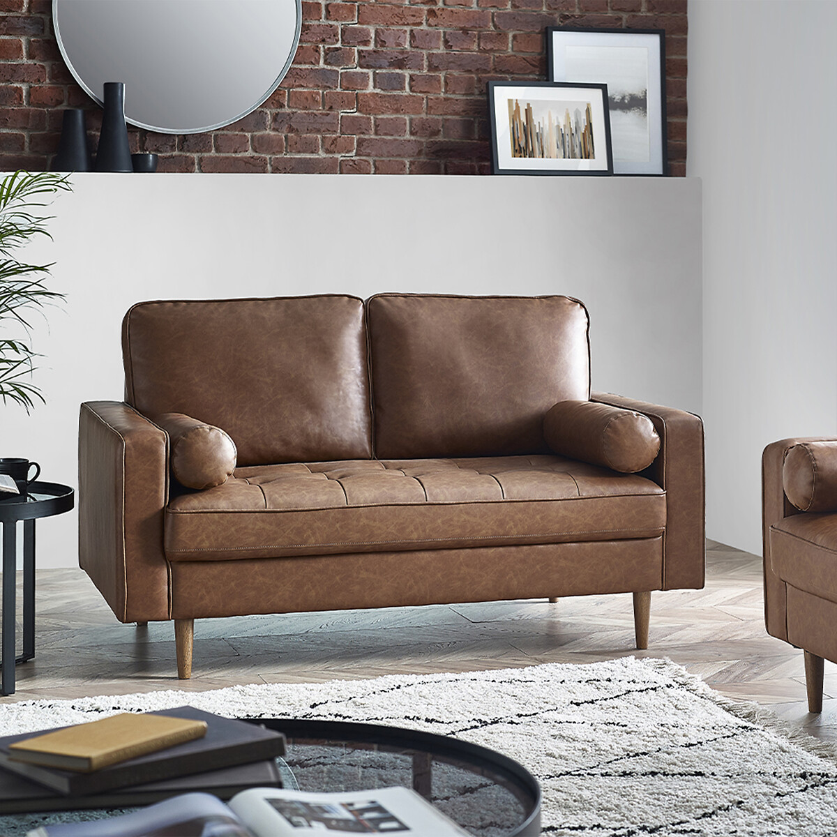 Hadley Mid-Century Faux Leather 2 Seater Sofa walnut, SO'HOME