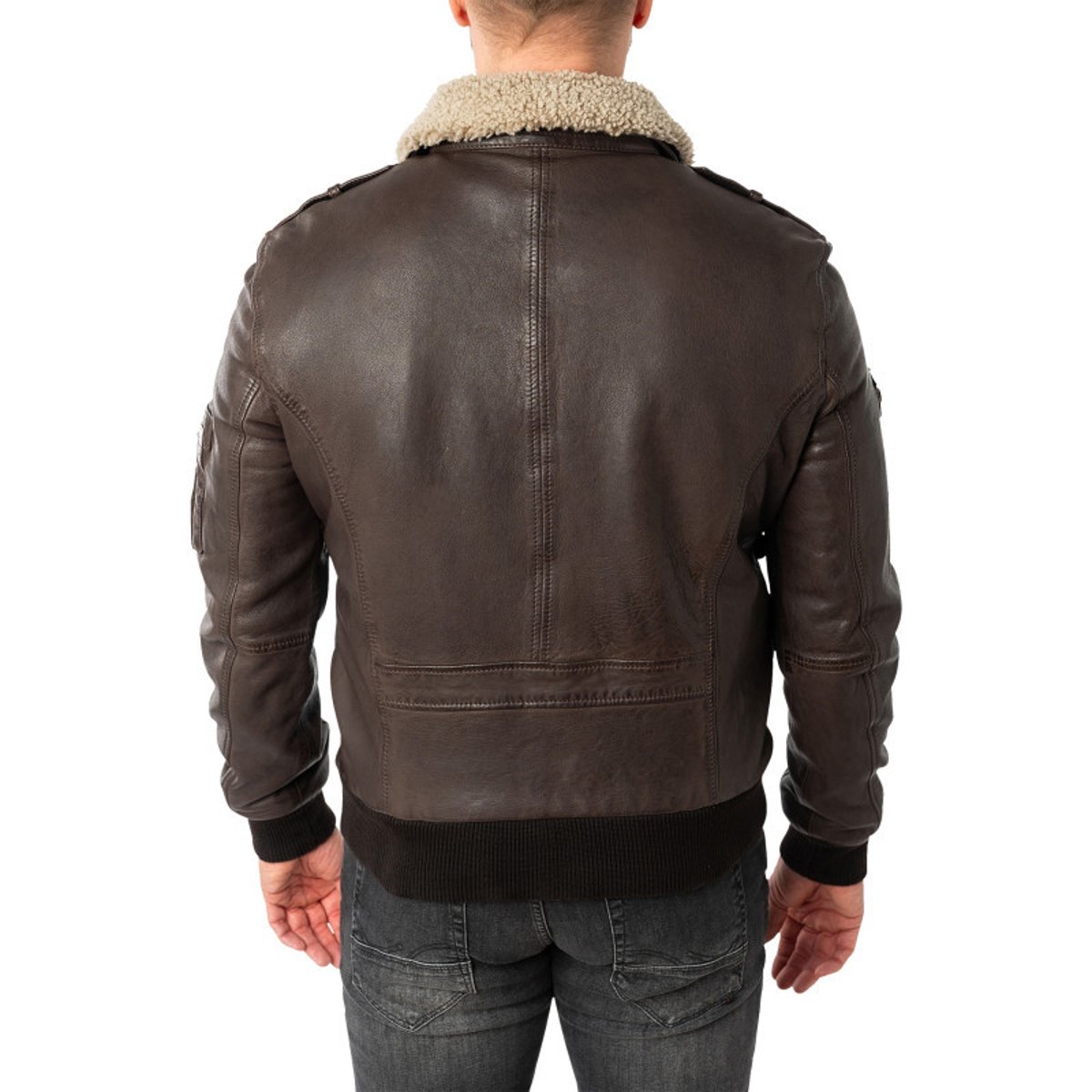 Blouson en cuir de mouton brun uni avec une coupe droite et un col à revers brun, GIPSY