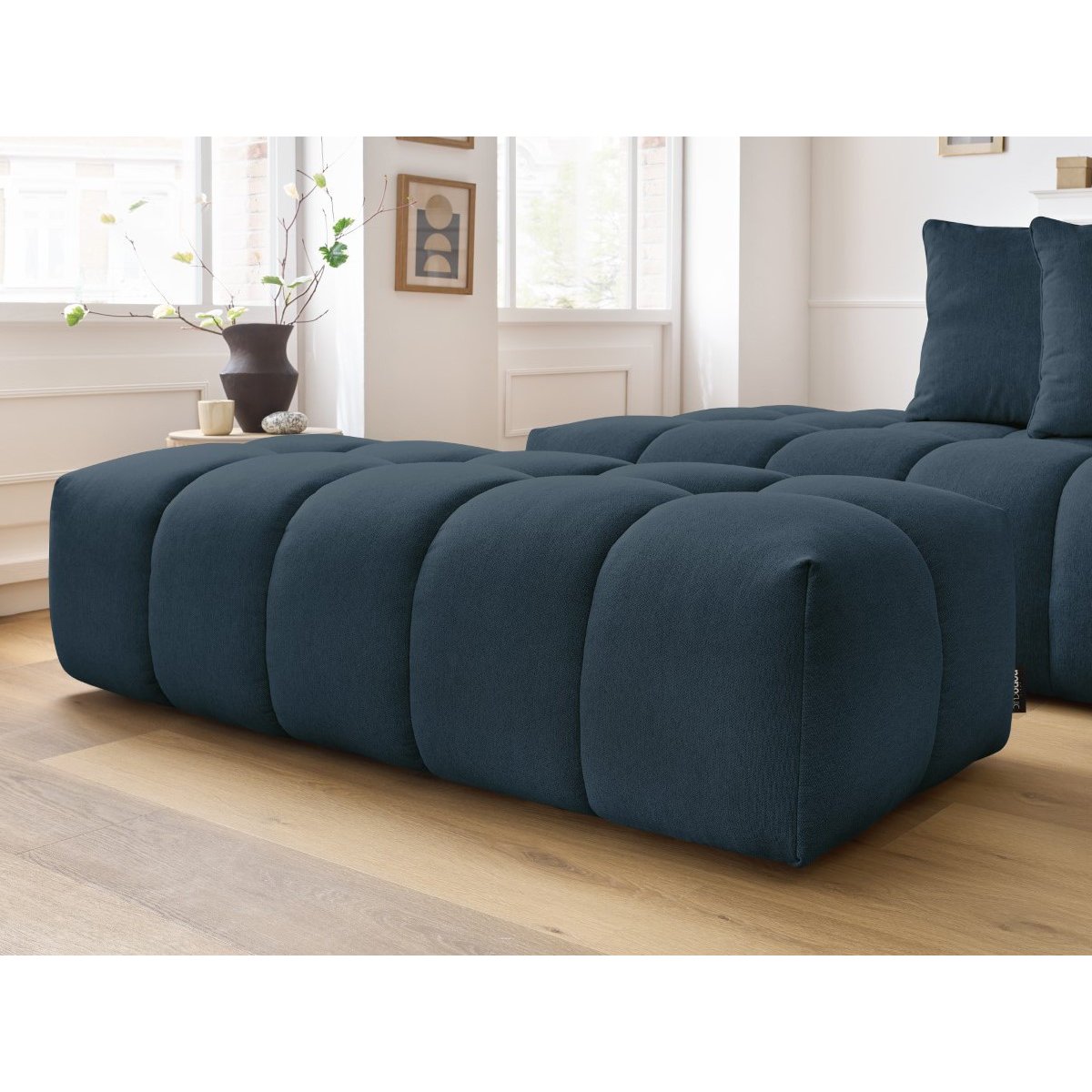 Canapé d'angle fixe 4 places en tissu chiné avec pouf, MONT-BLANC bleu foncé, BOBOCHIC