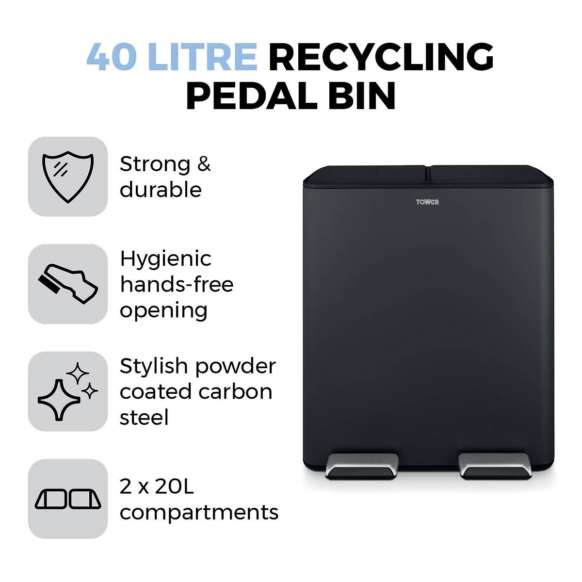 40L Recycling Pedal Bin black, TOWER